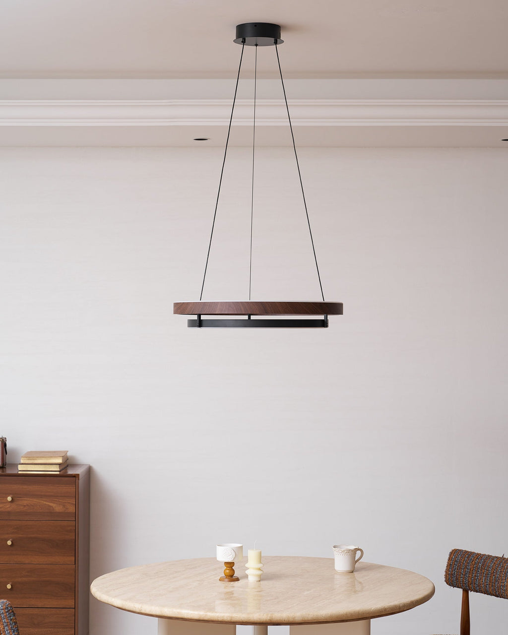 Niseko | Modern Double Ring LED Chandelier, Walnut Circular Pendant Light for Dining and Living Room