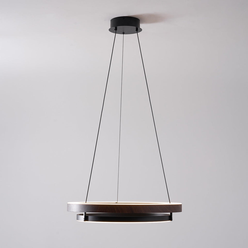 Niseko | Modern Double Ring LED Chandelier, Walnut Circular Pendant Light for Dining and Living Room