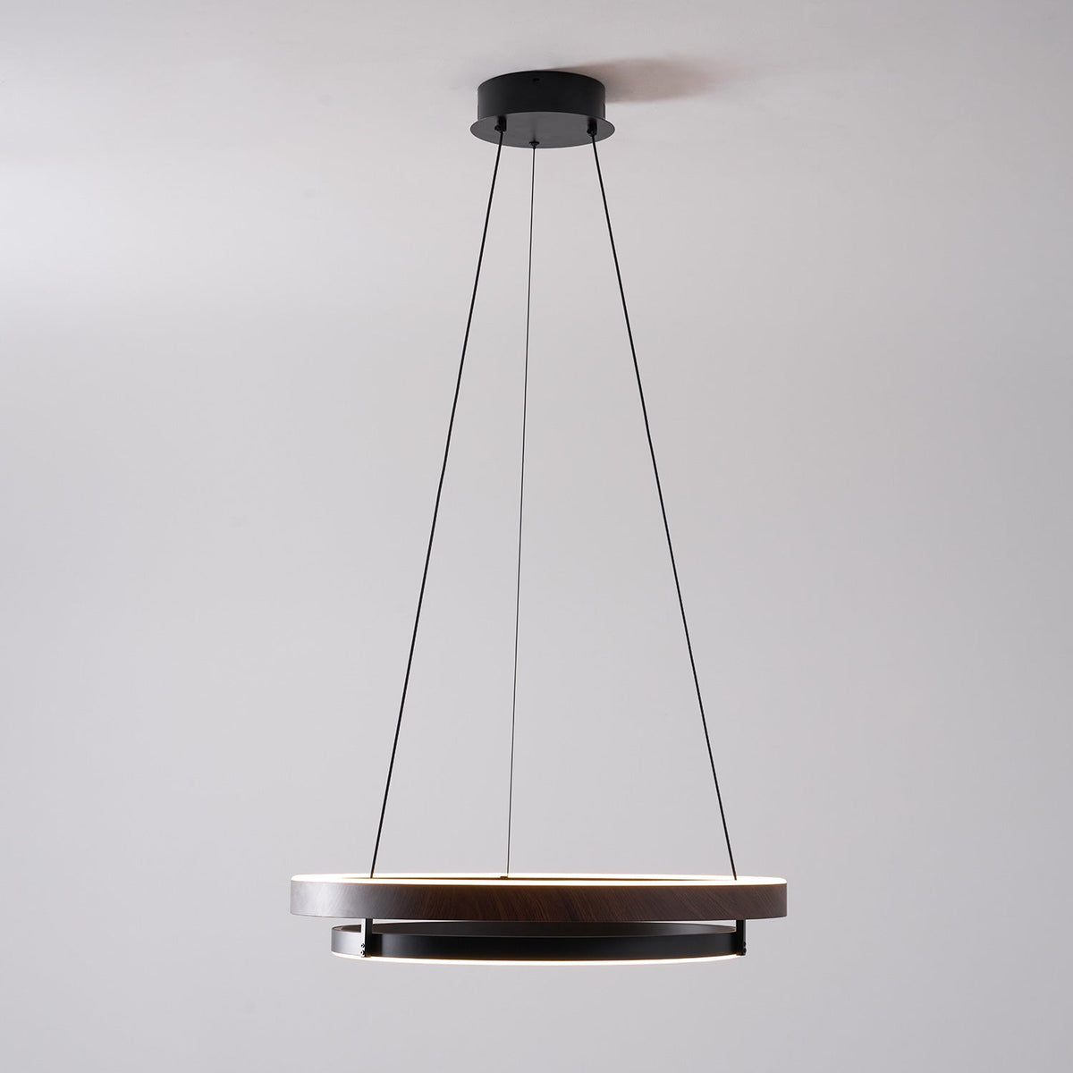 Niseko | Modern Double Ring LED Chandelier, Walnut Circular Pendant Light for Dining and Living Room