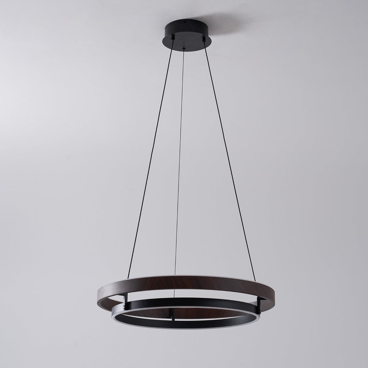 Niseko | Modern Double Ring LED Chandelier, Walnut Circular Pendant Light for Dining and Living Room