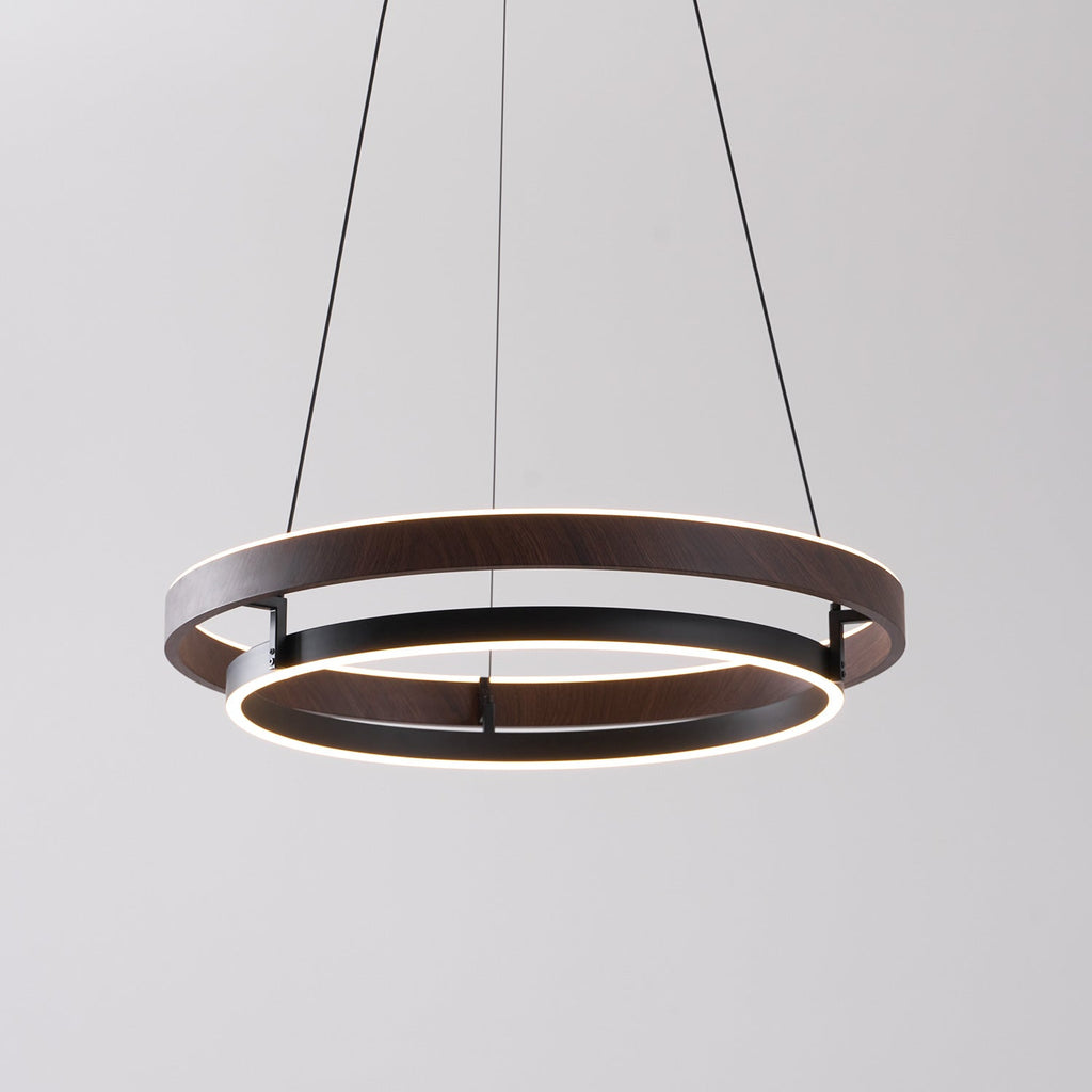 Niseko | Modern Double Ring LED Chandelier, Walnut Circular Pendant Light for Dining and Living Room