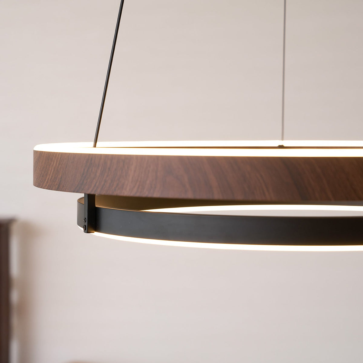 Niseko | Modern Double Ring LED Chandelier, Walnut Circular Pendant Light for Dining and Living Room