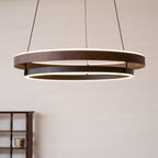 Niseko | Modern Double Ring LED Chandelier, Walnut Circular Pendant Light for Dining and Living Room