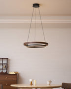 Niseko | Modern Double Ring LED Chandelier, Walnut Circular Pendant Light for Dining and Living Room