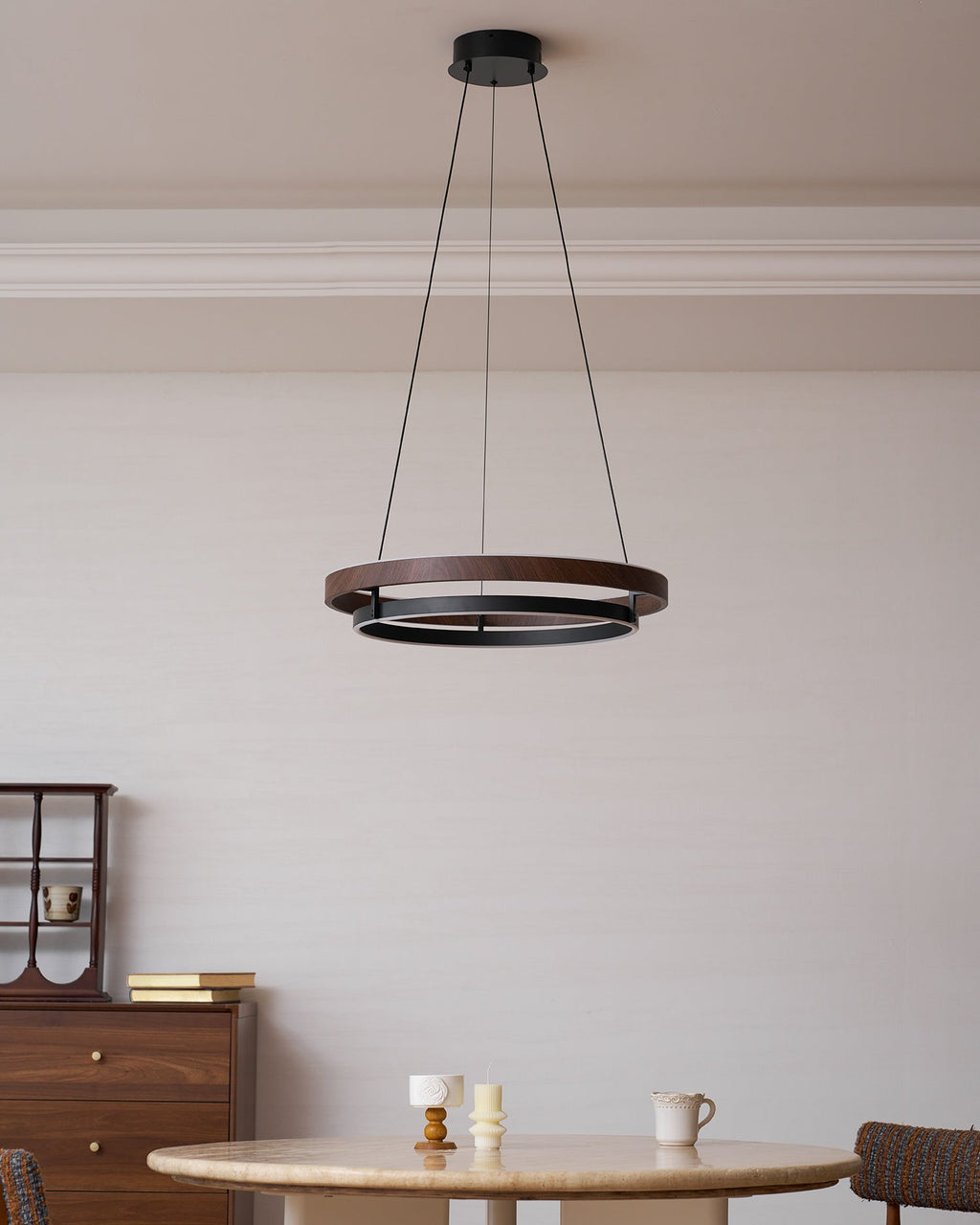 Niseko | Modern Double Ring LED Chandelier, Walnut Circular Pendant Light for Dining and Living Room
