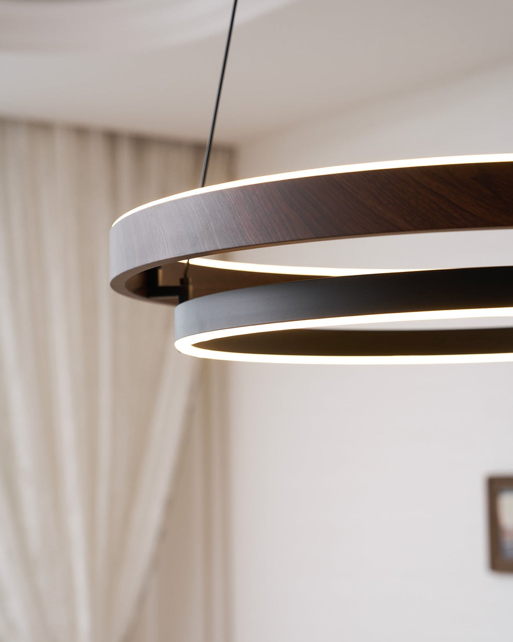 Niseko | Modern Double Ring LED Chandelier, Walnut Circular Pendant Light for Dining and Living Room