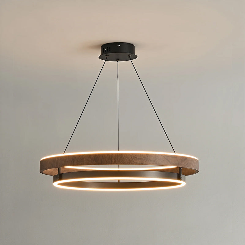 Niseko | Modern Double Ring LED Chandelier, Walnut Circular Pendant Light for Dining and Living Room