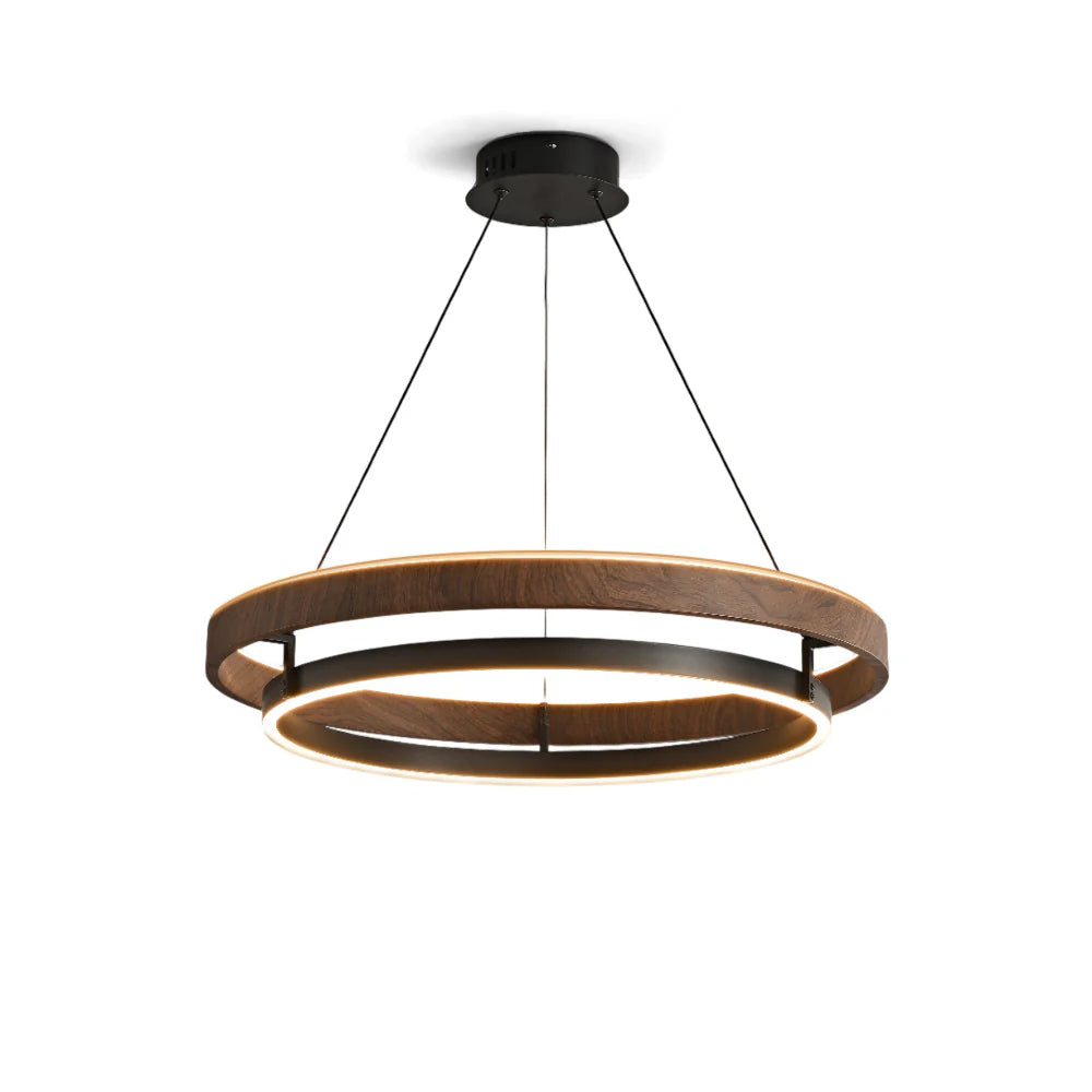 Niseko | Modern Double Ring LED Chandelier, Walnut Circular Pendant Light for Dining and Living Room