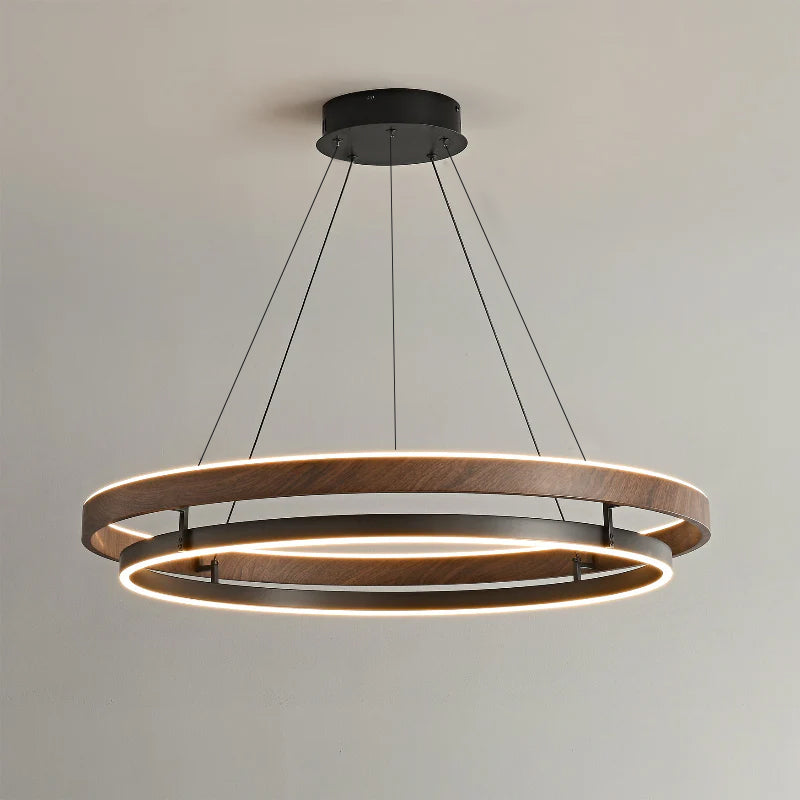 Niseko | Modern Double Ring LED Chandelier, Walnut Circular Pendant Light for Dining and Living Room