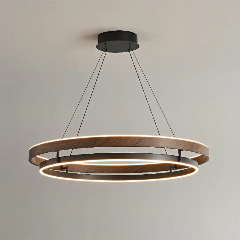 Niseko | Modern Double Ring LED Chandelier, Walnut Circular Pendant Light for Dining and Living Room