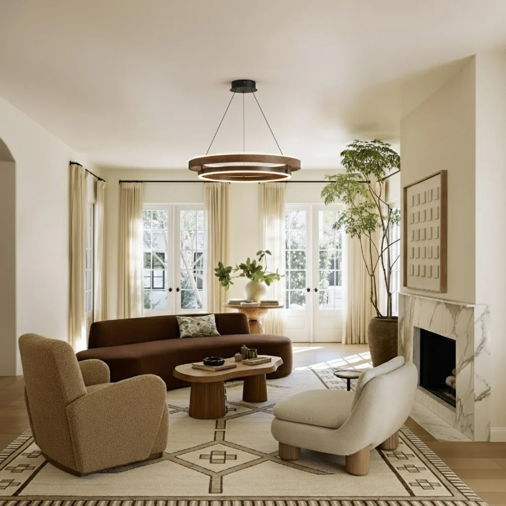 Niseko | Modern Double Ring LED Chandelier, Walnut Circular Pendant Light for Dining and Living Room