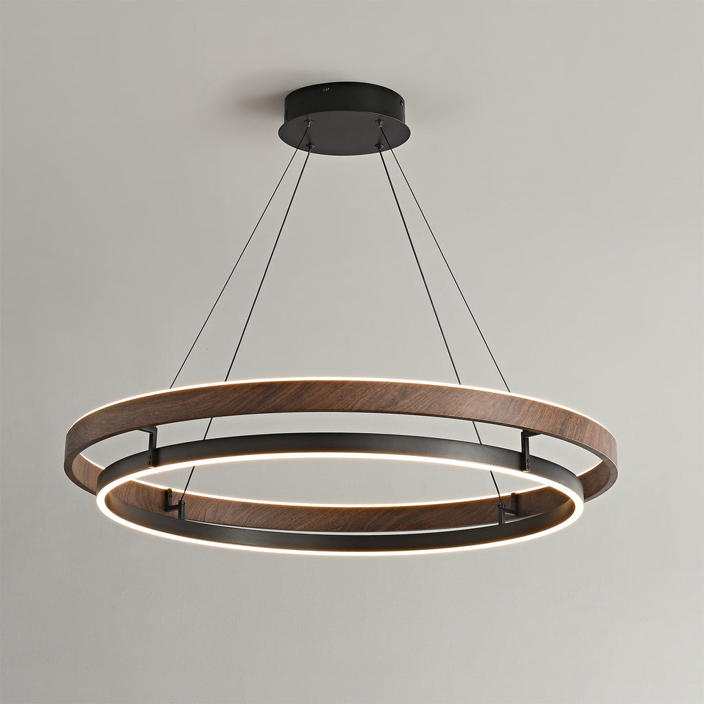 Niseko | Modern Double Ring LED Chandelier, Walnut Circular Pendant Light for Dining and Living Room