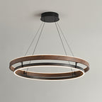 Niseko | Modern Double Ring LED Chandelier, Walnut Circular Pendant Light for Dining and Living Room