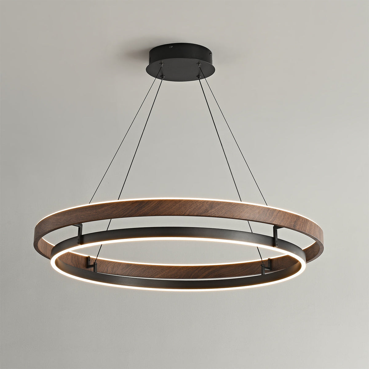 Niseko | Modern Double Ring LED Chandelier, Walnut Circular Pendant Light for Dining and Living Room