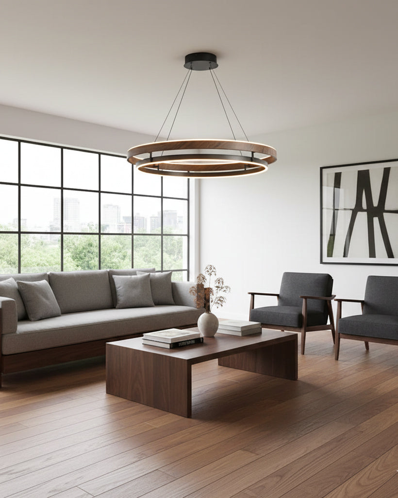 Niseko | Modern Double Ring LED Chandelier, Walnut Circular Pendant Light for Dining and Living Room