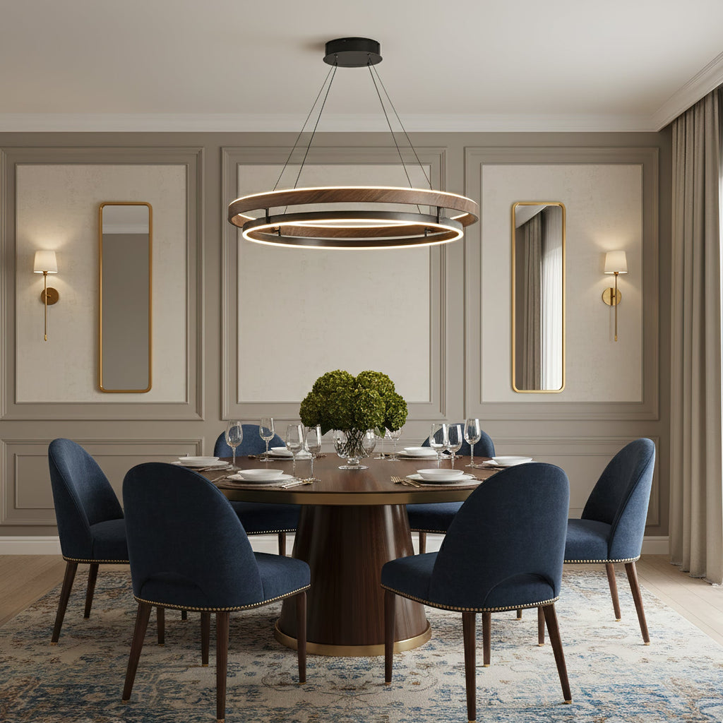 Niseko | Modern Double Ring LED Chandelier, Walnut Circular Pendant Light for Dining and Living Room
