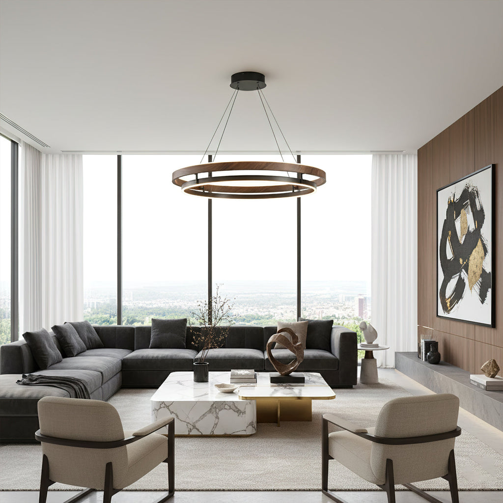 Niseko | Modern Double Ring LED Chandelier, Walnut Circular Pendant Light for Dining and Living Room