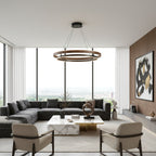 Niseko | Modern Double Ring LED Chandelier, Walnut Circular Pendant Light for Dining and Living Room