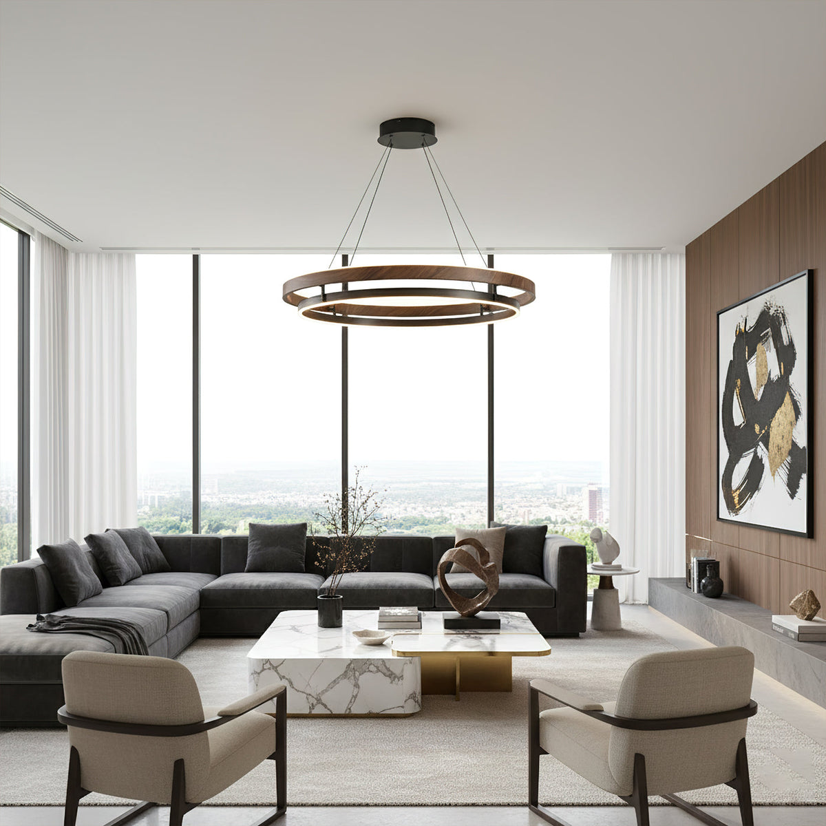 Niseko | Modern Double Ring LED Chandelier, Walnut Circular Pendant Light for Dining and Living Room