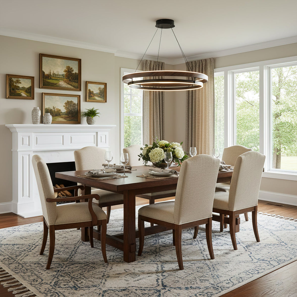 Niseko | Modern Double Ring LED Chandelier, Walnut Circular Pendant Light for Dining and Living Room