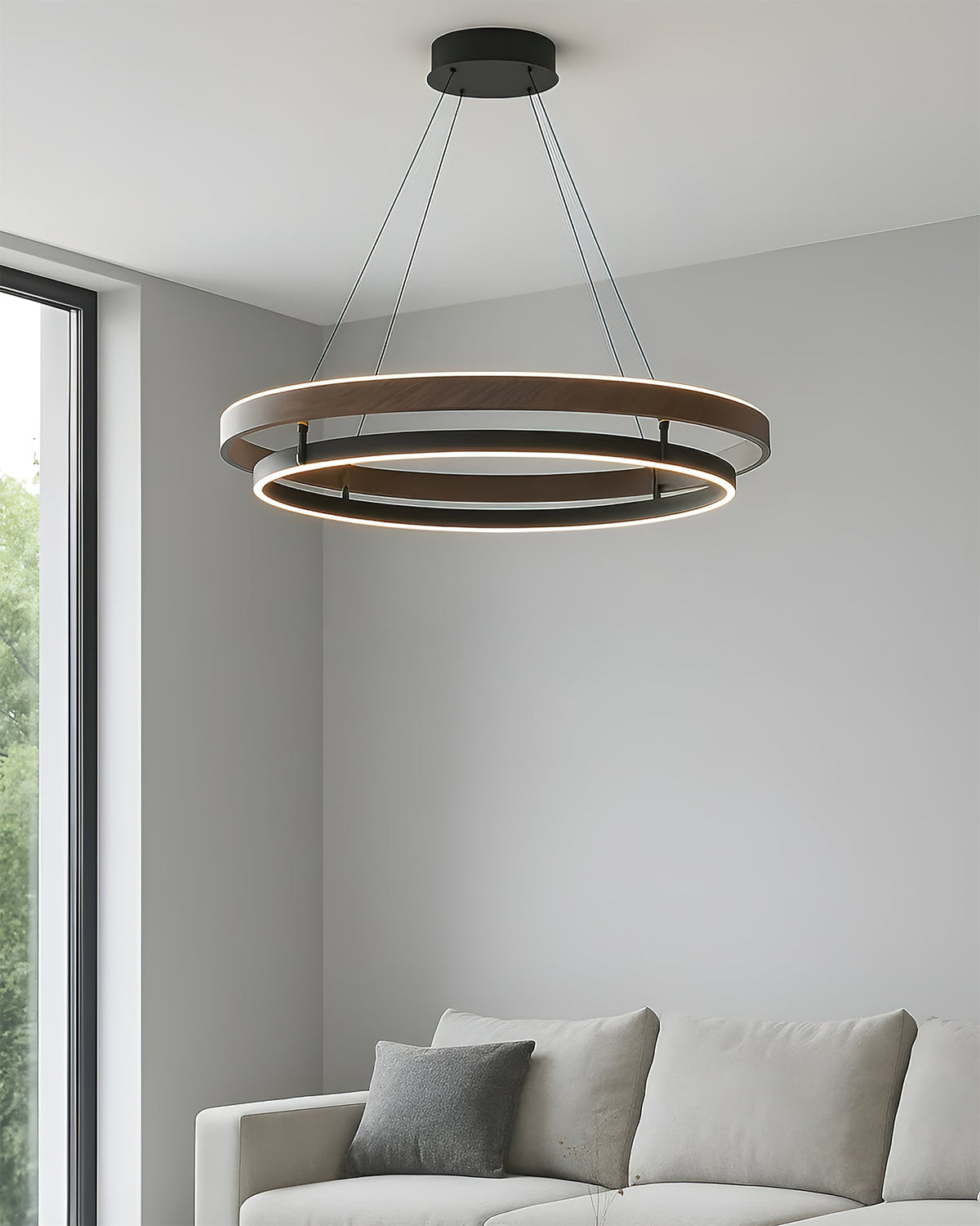 Niseko | Modern Double Ring LED Chandelier, Walnut Circular Pendant Light for Dining and Living Room