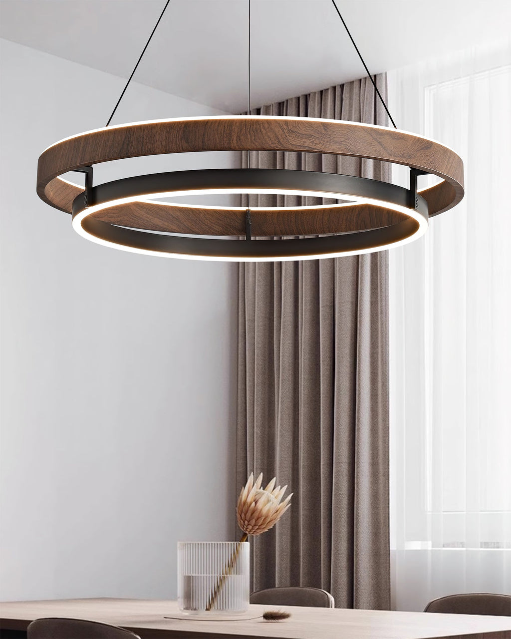 Niseko | Modern Double Ring LED Chandelier, Walnut Circular Pendant Light for Dining and Living Room