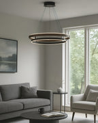 Niseko | Modern Double Ring LED Chandelier, Walnut Circular Pendant Light for Dining and Living Room