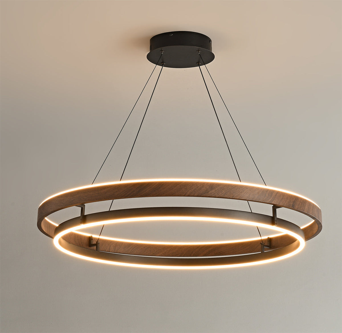 Niseko | Modern Double Ring LED Chandelier, Walnut Circular Pendant Light for Dining and Living Room