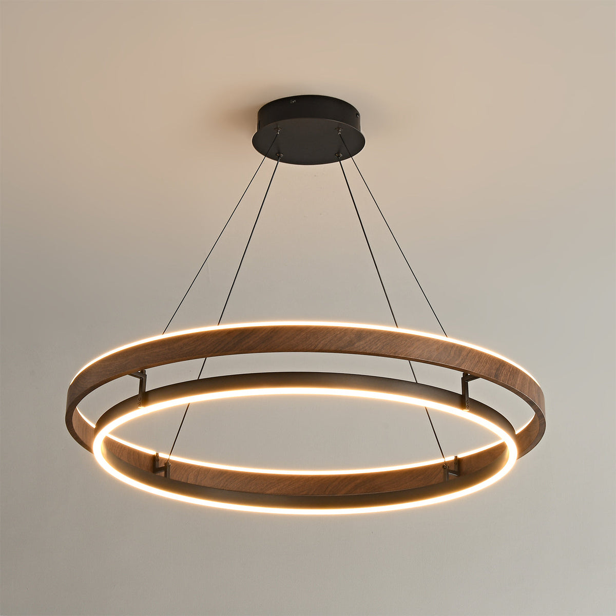 Niseko | Modern Double Ring LED Chandelier, Walnut Circular Pendant Light for Dining and Living Room