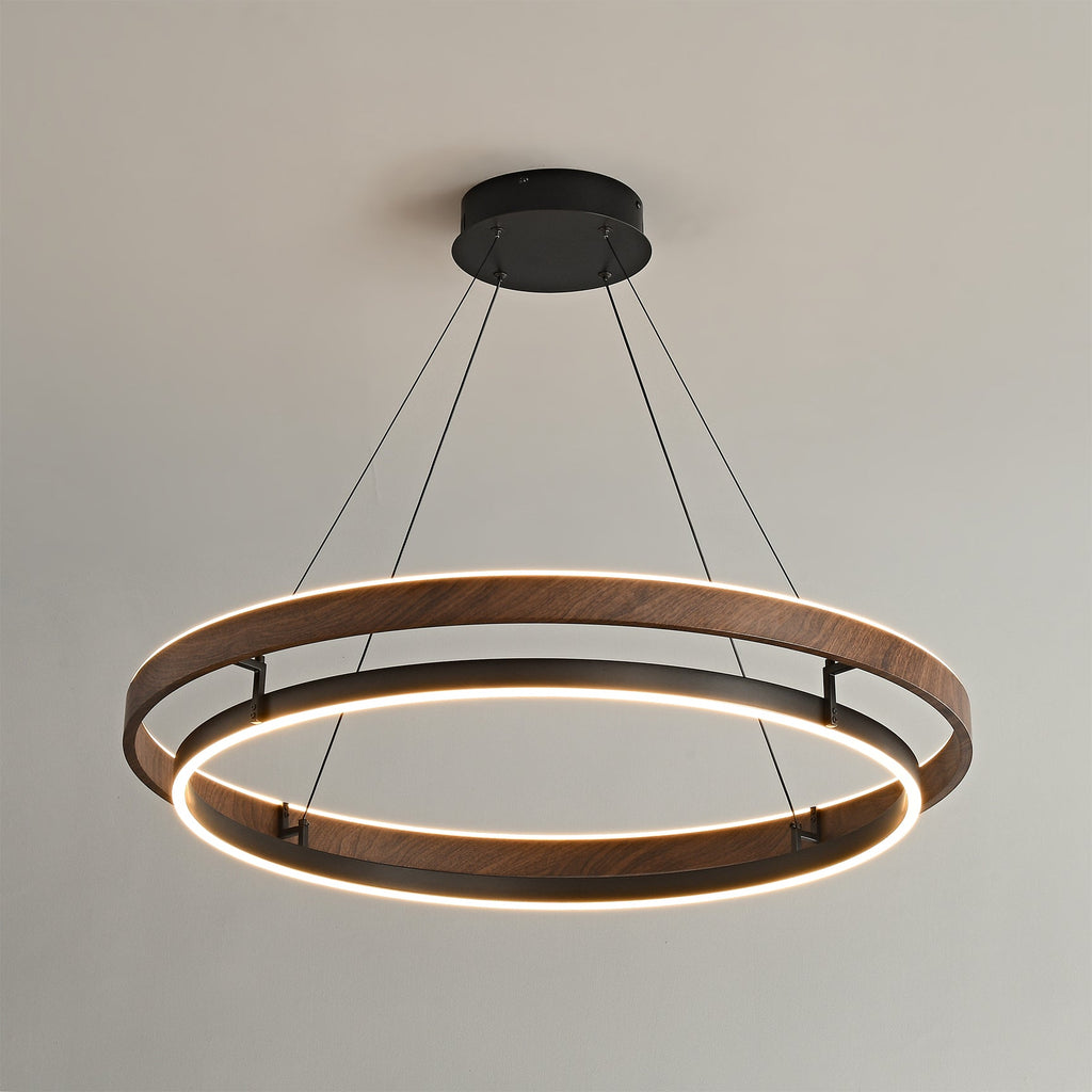 Niseko | Modern Double Ring LED Chandelier, Walnut Circular Pendant Light for Dining and Living Room