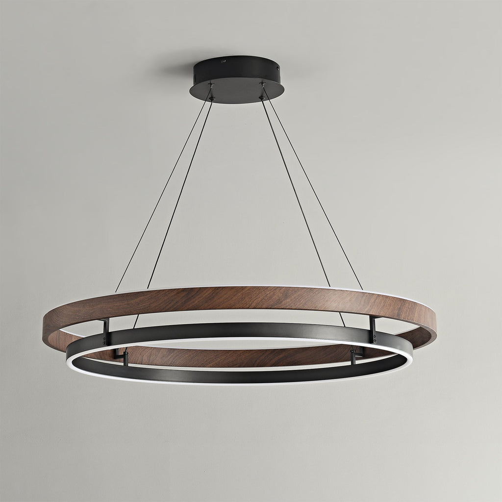 Niseko | Modern Double Ring LED Chandelier, Walnut Circular Pendant Light for Dining and Living Room