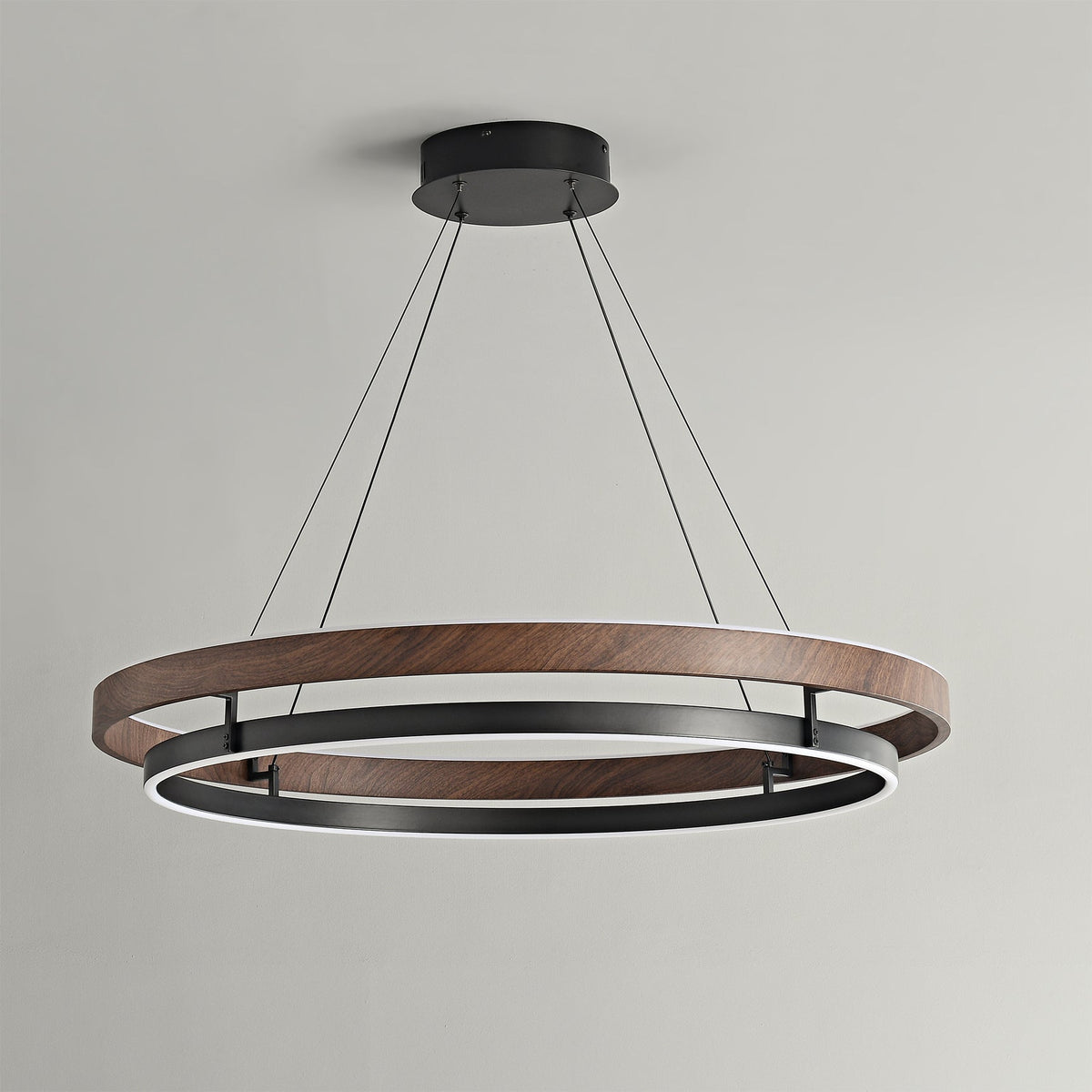 Niseko | Modern Double Ring LED Chandelier, Walnut Circular Pendant Light for Dining and Living Room