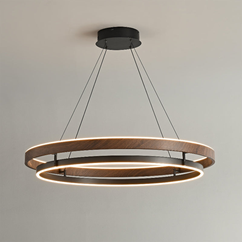 Niseko | Modern Double Ring LED Chandelier, Walnut Circular Pendant Light for Dining and Living Room