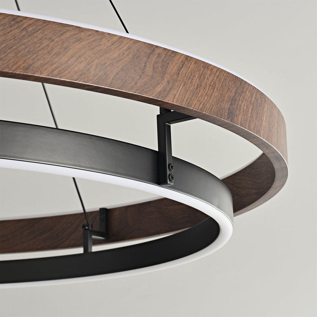 Niseko | Modern Double Ring LED Chandelier, Walnut Circular Pendant Light for Dining and Living Room