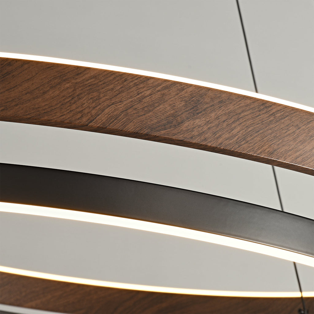 Niseko | Modern Double Ring LED Chandelier, Walnut Circular Pendant Light for Dining and Living Room