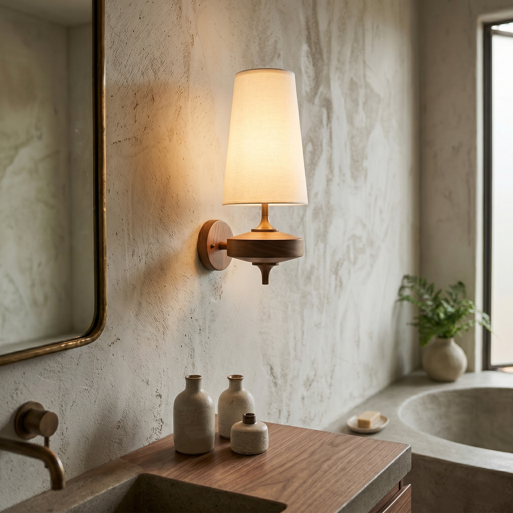 Tamsin | Walnut Wall Sconce, Fabric Shade Bedside Wall Lamp