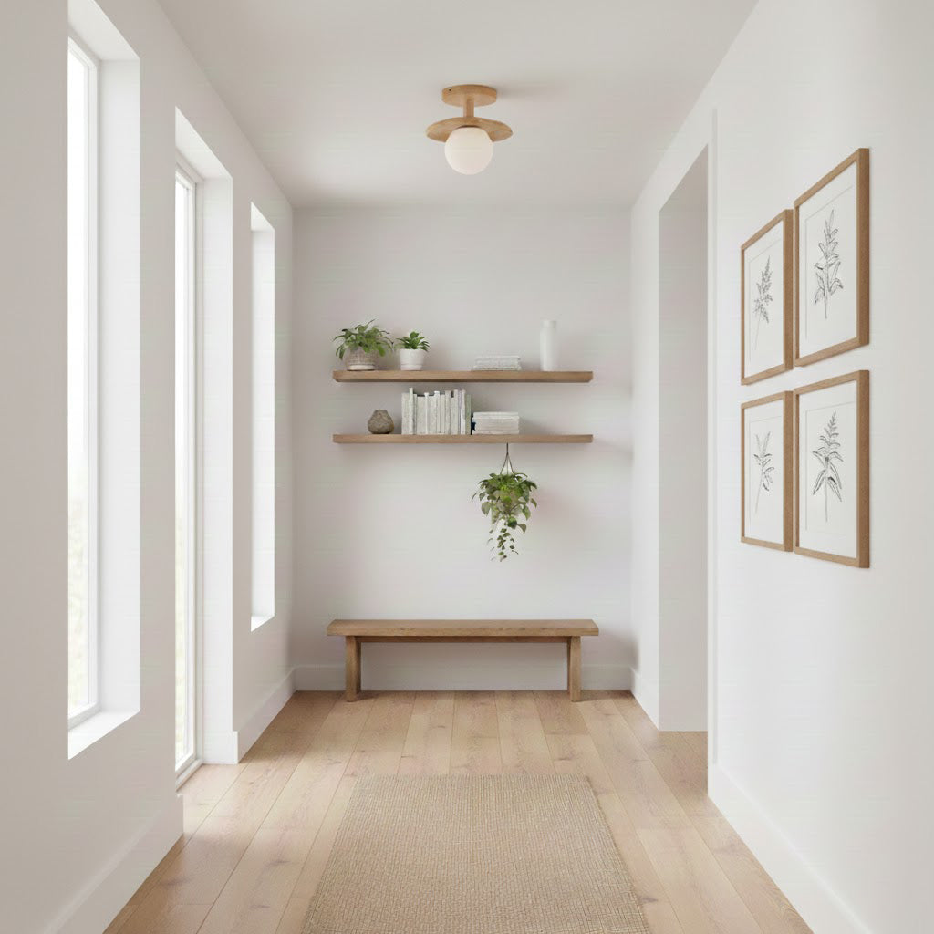 Plafon | Wood Flush Mount Ceiling Light, Low Profile Globe Light Fixture for Hallway and Entryway