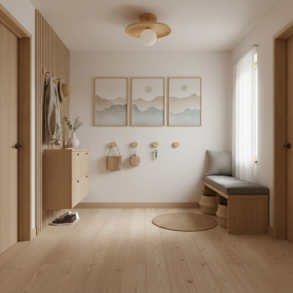 Plafon | Wood Flush Mount Ceiling Light, Low Profile Globe Light Fixture for Hallway and Entryway