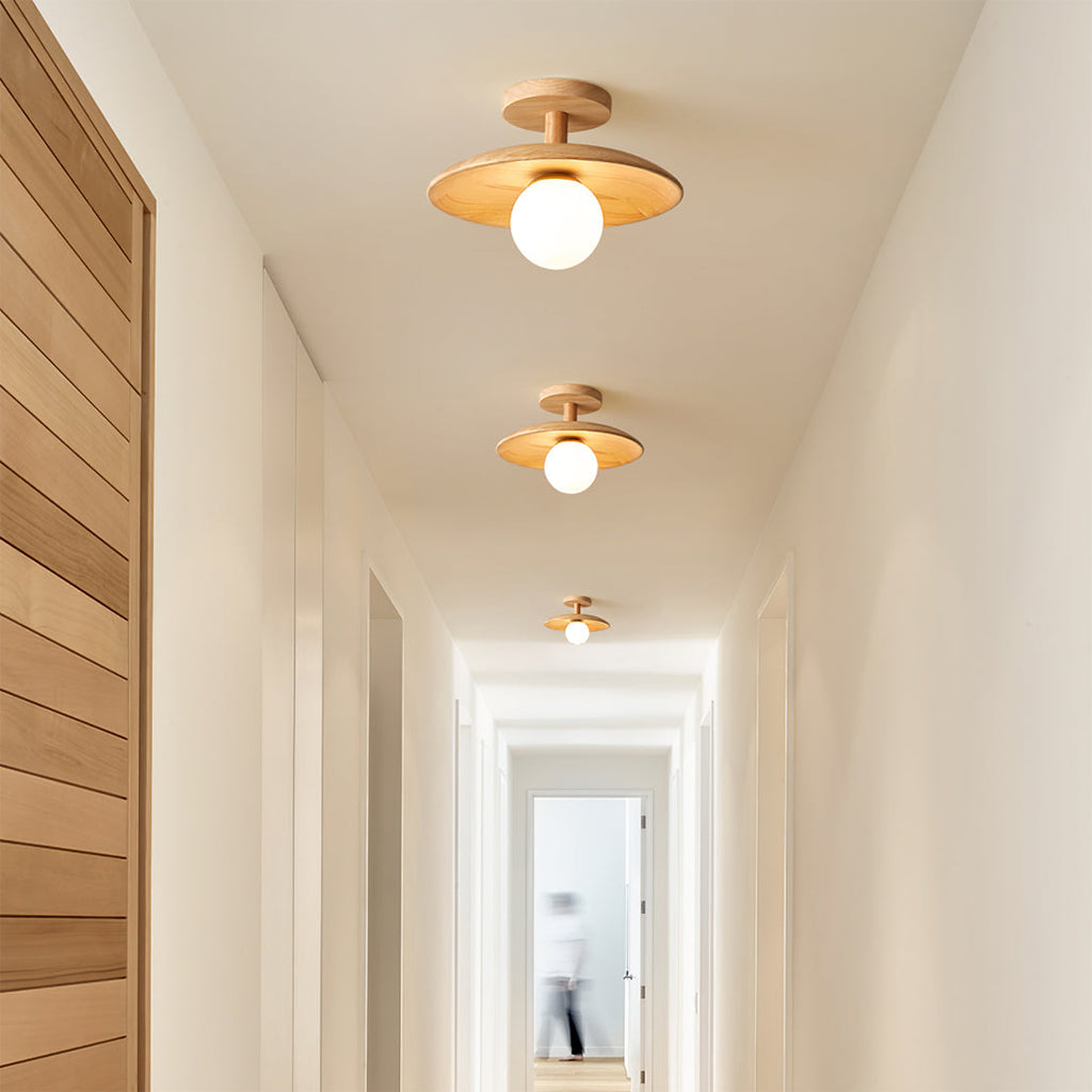 Plafon | Wood Flush Mount Ceiling Light, Low Profile Globe Light Fixture for Hallway and Entryway