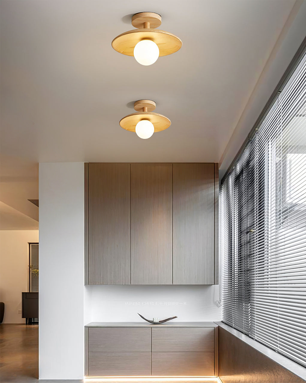 Plafon | Wood Flush Mount Ceiling Light, Low Profile Globe Light Fixture for Hallway and Entryway