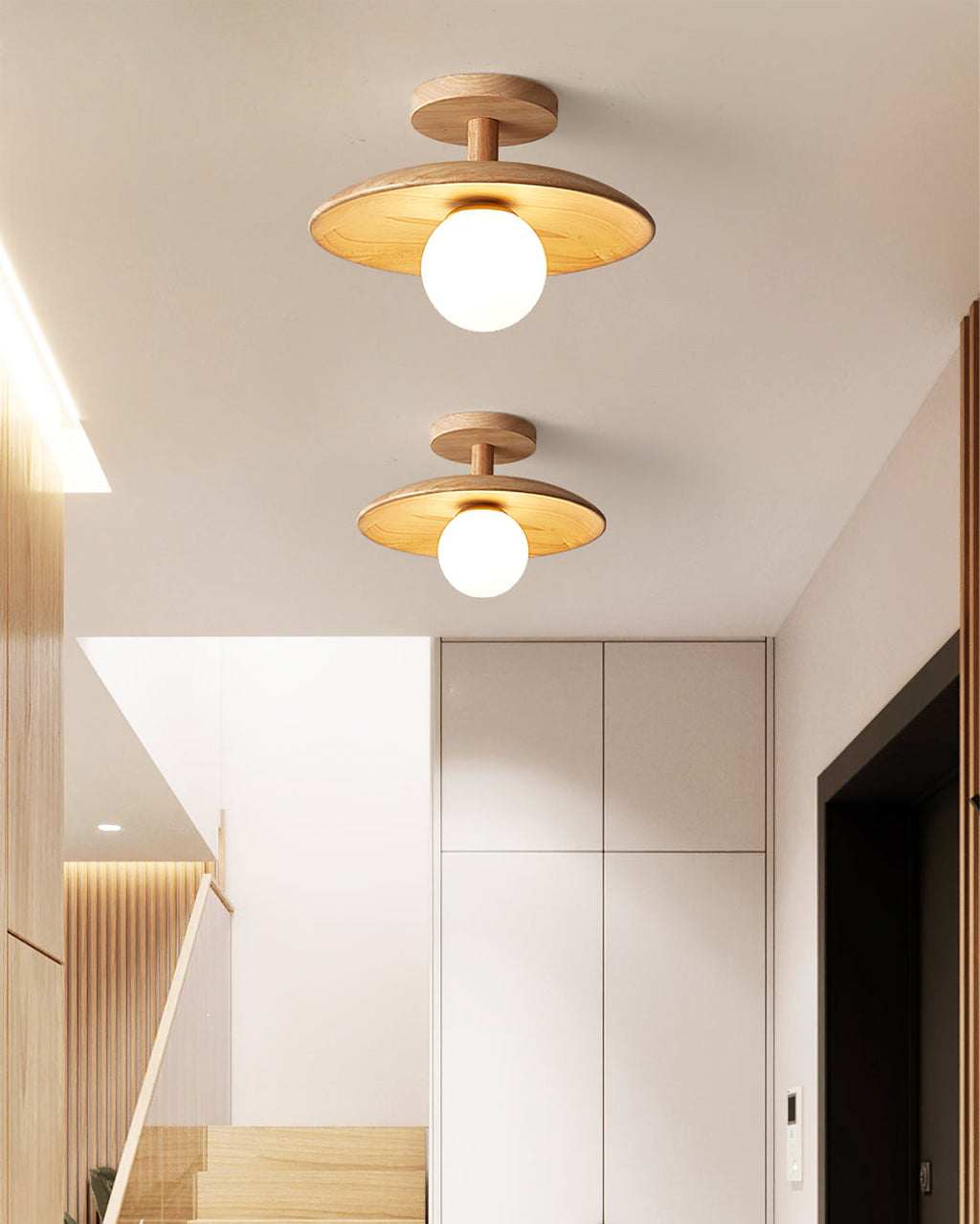 Plafon | Wood Flush Mount Ceiling Light, Low Profile Globe Light Fixture for Hallway and Entryway
