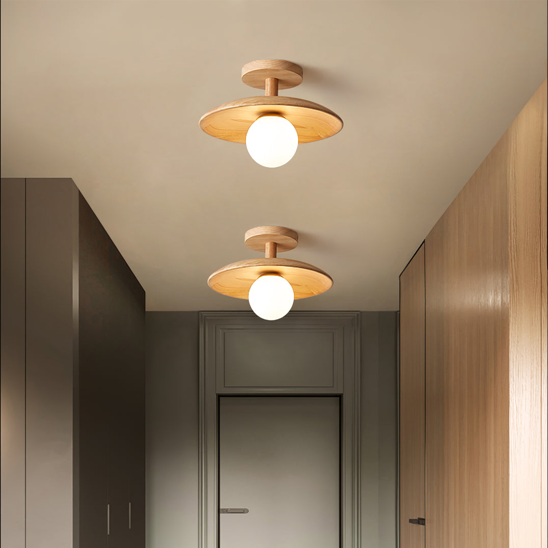Plafon | Wood Flush Mount Ceiling Light, Low Profile Globe Light Fixture for Hallway and Entryway