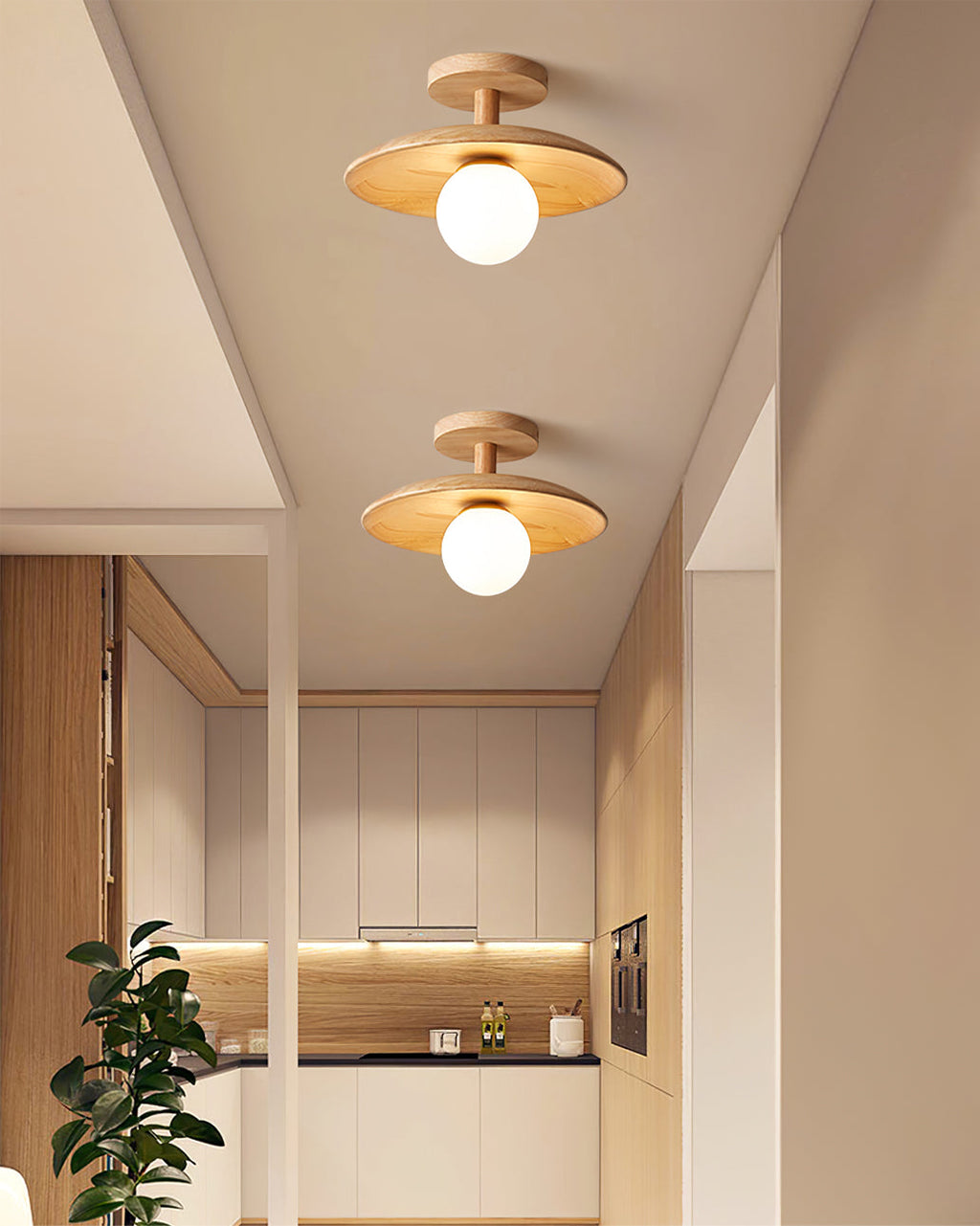 Plafon | Wood Flush Mount Ceiling Light, Low Profile Globe Light Fixture for Hallway and Entryway