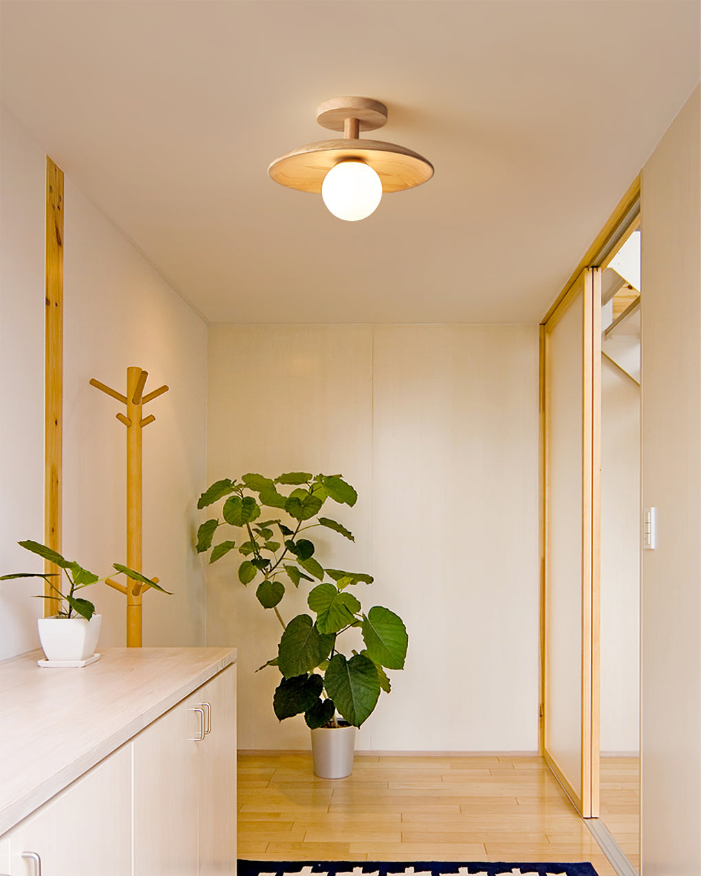 Plafon | Wood Flush Mount Ceiling Light, Low Profile Globe Light Fixture for Hallway and Entryway
