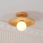 Plafon | Wood Flush Mount Ceiling Light, Low Profile Globe Light Fixture for Hallway and Entryway