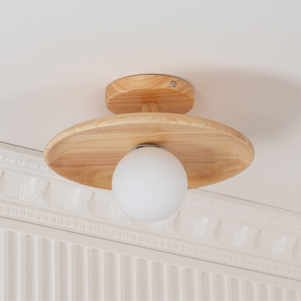 Plafon | Wood Flush Mount Ceiling Light, Low Profile Globe Light Fixture for Hallway and Entryway