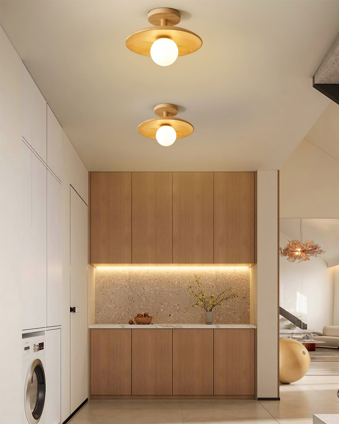 Plafon | Wood Flush Mount Ceiling Light, Low Profile Globe Light Fixture for Hallway and Entryway