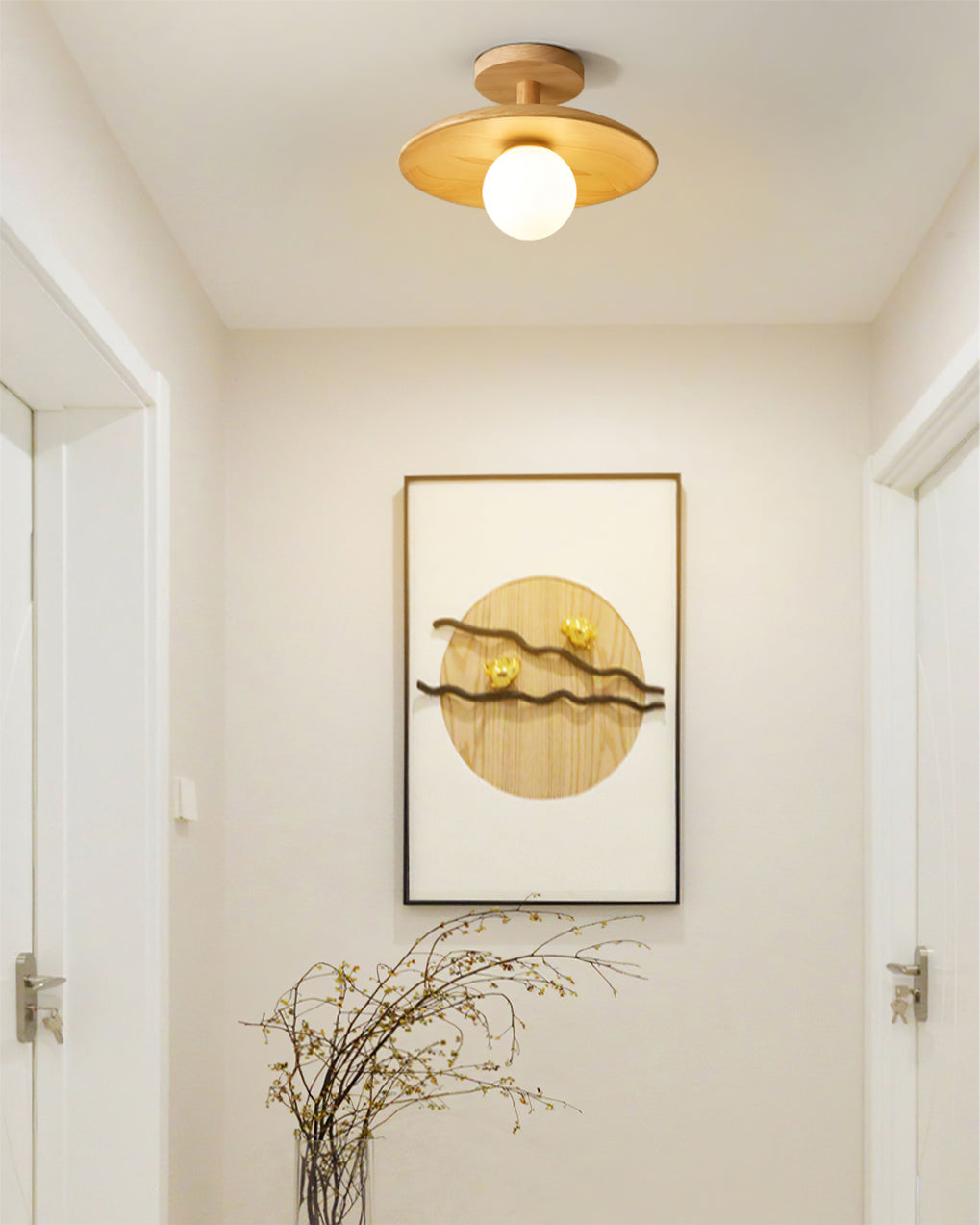 Plafon | Wood Flush Mount Ceiling Light, Low Profile Globe Light Fixture for Hallway and Entryway