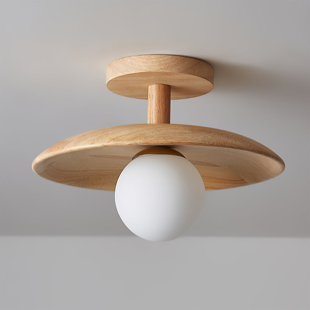 Plafon | Wood Flush Mount Ceiling Light, Low Profile Globe Light Fixture for Hallway and Entryway
