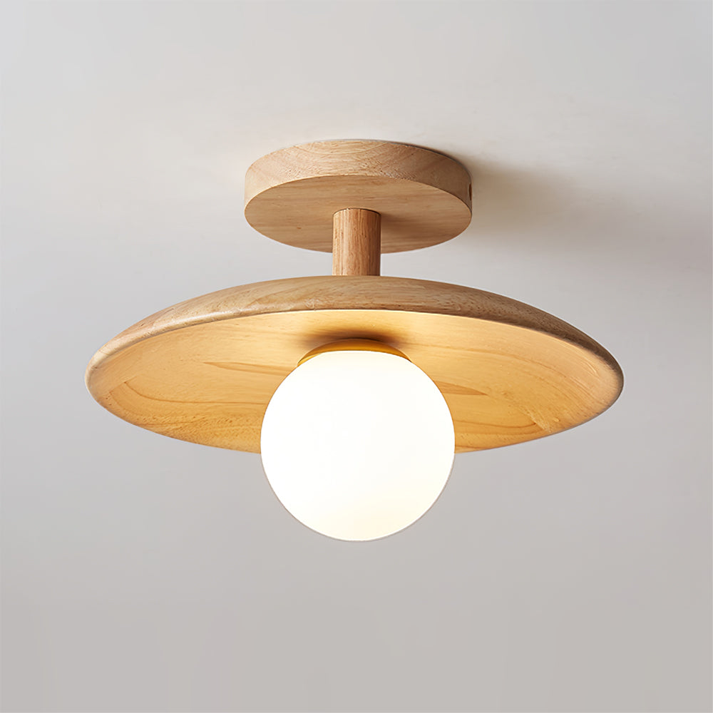 Plafon | Wood Flush Mount Ceiling Light, Low Profile Globe Light Fixture for Hallway and Entryway